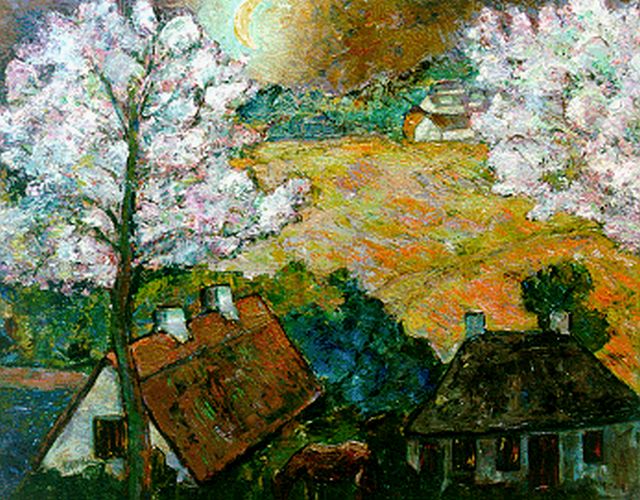 Jacobus Doeser | Bloesembomen in maanverlicht boerenlandschap, olieverf op doek, 79,3 x 100,2 cm, gesigneerd r.o.