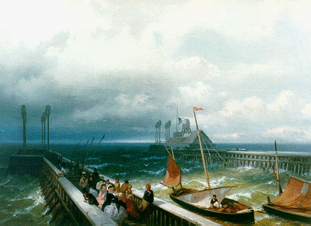 Frans Arnold Breuhaus de Groot | Wandelaars op de pier, olieverf op doek, 33,4 x 45,9 cm, gesigneerd l.o.