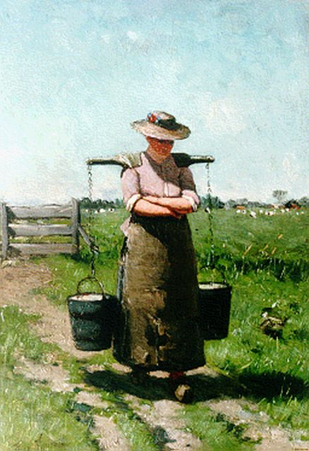 Theo Hanrath | De melkmeid, olieverf op paneel, 38,2 x 26,6 cm, gesigneerd l.o.