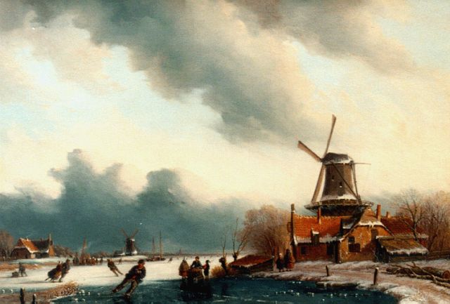Anthony Andreas de Meijier | Winters ijsgezicht met schaatsers, olieverf op paneel, 36,8 x 51,2 cm, gesigneerd r.o.
