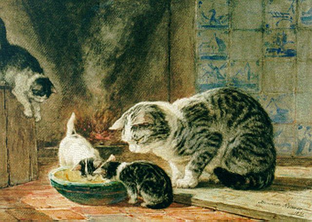 Henriette Ronner-Knip | Moederpoes met drie jongen bij drinkbakje, aquarel op papier op board, 31,0 x 43,9 cm, gesigneerd r.o. en gedateerd 1871