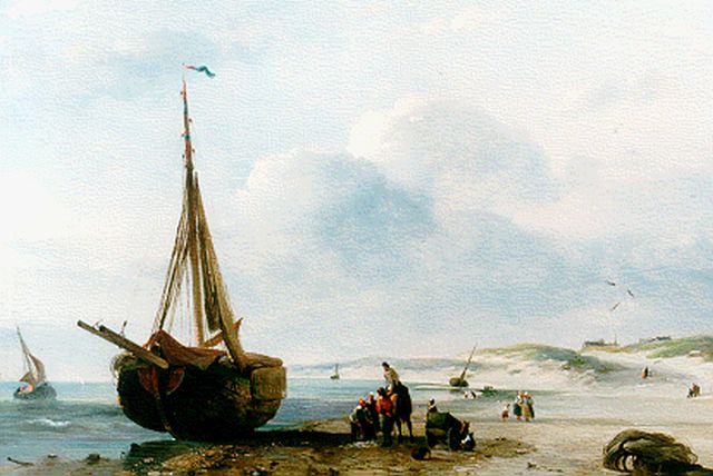 Desiré Donny | Vissersvolk en vissersschuiten op het strand, olieverf op paneel, 24,4 x 35,7 cm, gesigneerd r.o. en gedateerd '58