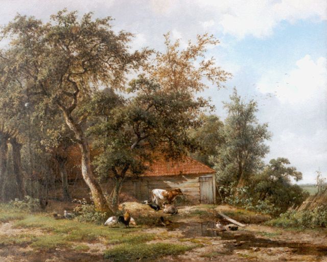 Cornelis Johannes de & Frans Lebret | Vee en kippen bij een hoeve, olieverf op doek, 46,8 x 57,0 cm, gesigneerd beide r.o.