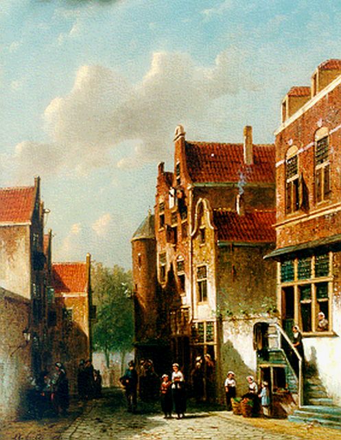Petrus Gerardus Vertin | Zomers straatje met figuren, olieverf op paneel, 37,0 x 28,0 cm, gesigneerd l.o. en gedateerd '67
