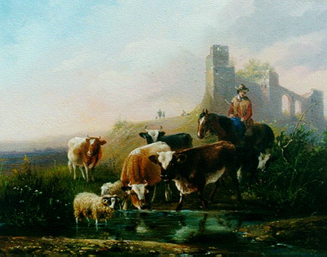 August Knip | Koeien en schapen bij een stroom, olieverf op paneel, 21,3 x 26,8 cm, gesigneerd r.o.