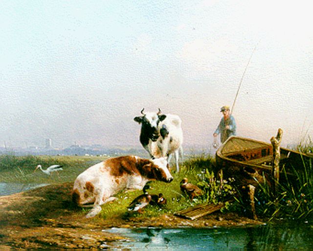 August Knip | Koeien en een visser bij een stroom, olieverf op paneel, 21,3 x 26,8 cm, gesigneerd l.o.