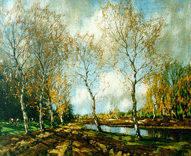 Arnold Gorter | Herfstlandschap met berkenbomen, olieverf op doek, 46,3 x 56,2 cm, gesigneerd r.o.