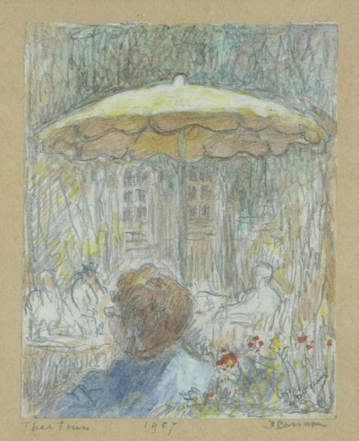 Ko Cossaar | Theetuin, krijt en aquarel op papier, 14,5 x 11,5 cm, gesigneerd r.o. en gedateerd 1957