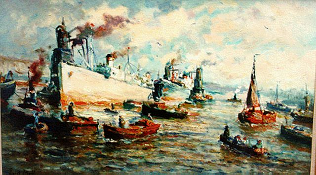 Evert Moll | Rotterdamse haven, olieverf op doek, 60,0 x 100,0 cm, gesigneerd l.o.