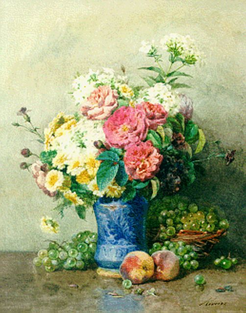 François Rivoire | Stilleven met rozen, phloxen en fruit, aquarel op papier, 58,4 x 46,4 cm, gesigneerd r.o.