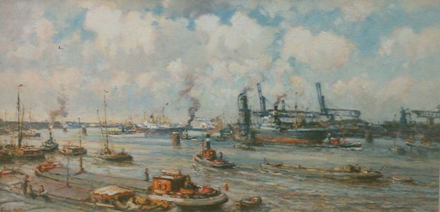Evert Moll | Schepen in de haven en figuren op de kade, olieverf op doek, 63,5 x 125,2 cm, gesigneerd l.o.