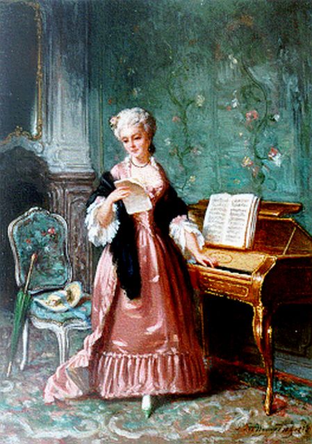 Petrus Theodorus van Wijngaerdt (de oude) | Dame aan spinet, olieverf op paneel, 20,4 x 15,1 cm, gesigneerd r.o. en gedateerd 1878