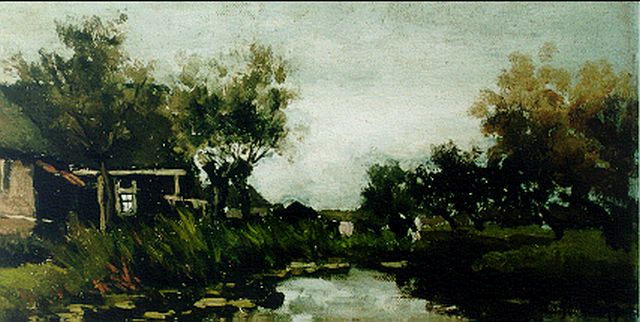 Jan Hendrik Weissenbruch | Boerderij met koeien aan de waterkant, olieverf op doek op paneel, 20,0 x 38,3 cm, gesigneerd r.o.