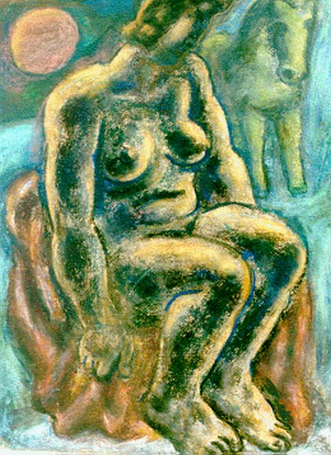 Leo Gestel | Zittende vrouw met paard, pastel op papier, 63,0 x 48,0 cm, gesigneerd l.o. en gedateerd '32