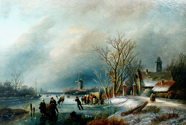 Spohler J.J.  | Winterse vaart met schaatsers en koek-en-zopie, olieverf op paneel 25,6 x 38,3 cm, gesigneerd l.o.