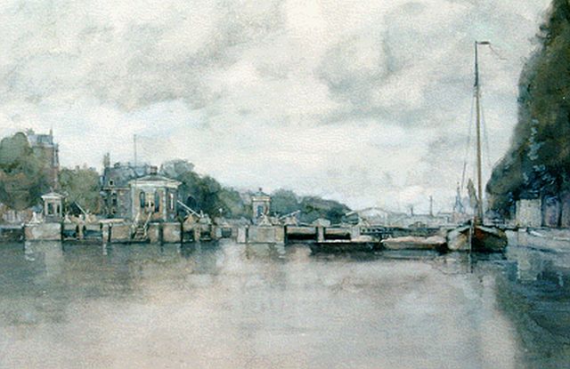 Gerard Muller | Riviersluizen in de Amstel met het Koninklijk Theater Carré, Amsterdam, aquarel op papier, 33,0 x 48,5 cm, gesigneerd l.o.