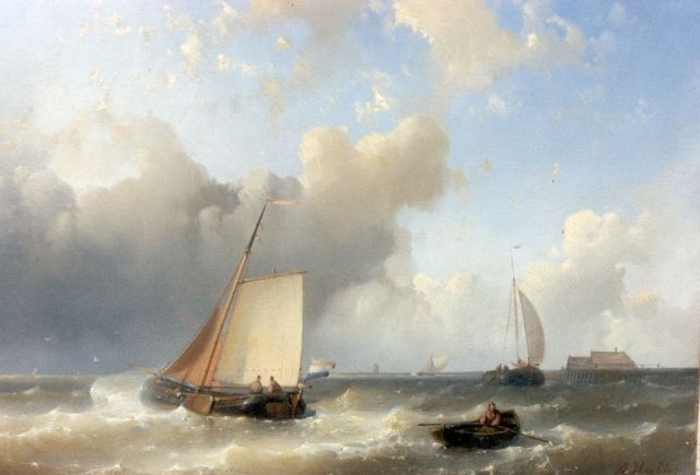 Abraham Hulk | Zeilschepen voor de kust, olieverf op paneel, 17,0 x 23,0 cm, gesigneerd r.o.