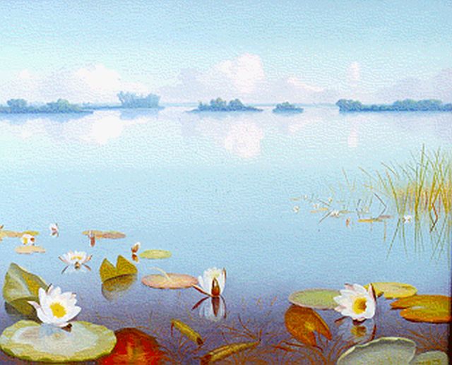 Dirk Smorenberg | Waterlelies in de Loosdrechtse plassen, olieverf op doek, 50,0 x 60,0 cm, gesigneerd r.o.