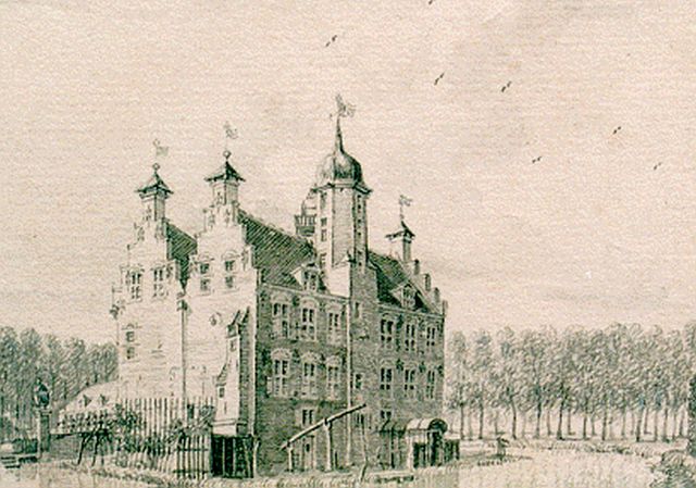 Jan de Beijer | 't Huys Oude Ghijn', aquarel op papier, 6,9 x 9,9 cm, gesigneerd achterz