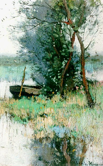 Cornelis Kuijpers | Poldervaart met afgemeerde roeiboot, olieverf op doek, 20,7 x 13,2 cm, gesigneerd r.o.
