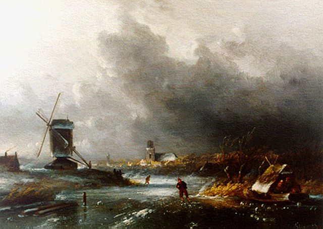 Charles Leickert | Winterlandschap met molen en schaatsers, olieverf op paneel, 22,9 x 31,7 cm, gesigneerd r.o.