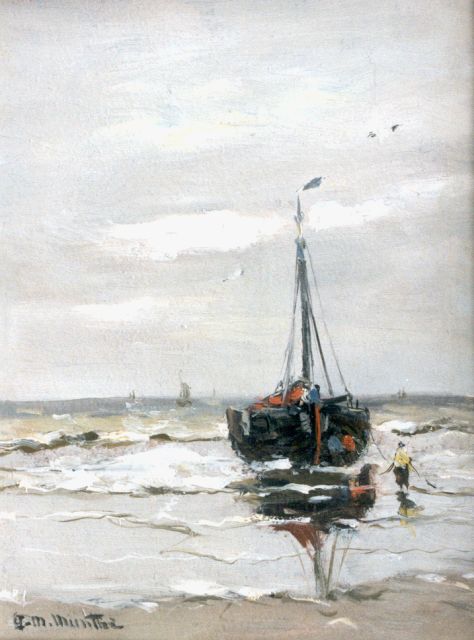 Morgenstjerne Munthe | Bomschuit in de branding, 21,0 x 16,0 cm, gesigneerd l.o.