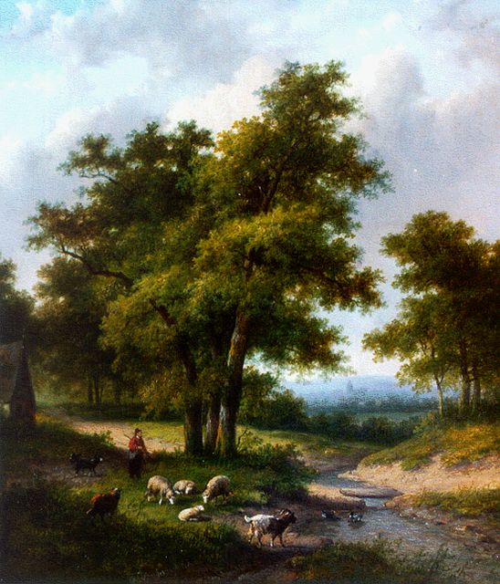 Jan Evert Morel II | Herder met zijn kudde in boomrijk landschap, olieverf op doek, 31,7 x 28,1 cm, gesigneerd m.o.