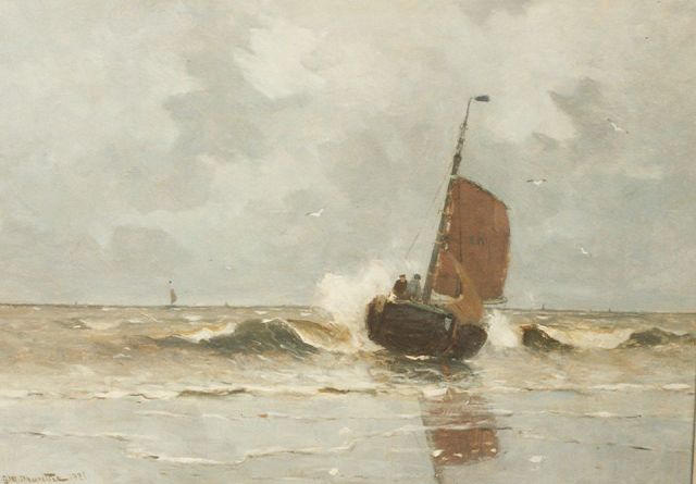Morgenstjerne Munthe | Bomschuit in de branding, olieverf op doek, 50,0 x 70,2 cm, gesigneerd l.o. en gedateerd 1921