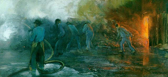 Herman Heijenbrock | Arbeiders in een staalfabriek, gouache en pastel op papier, 30,0 x 64,0 cm, gesigneerd r.o.