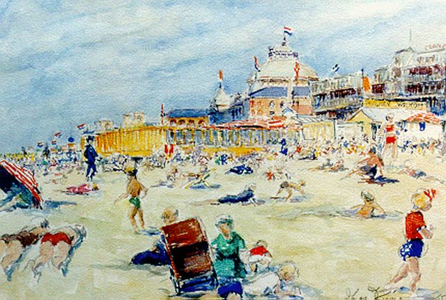 Visser J.  | Zomers gezicht op Scheveningen met het Kurhaus, aquarel op papier 36,0 x 51,3 cm, gesigneerd r.o. en gedateerd '47