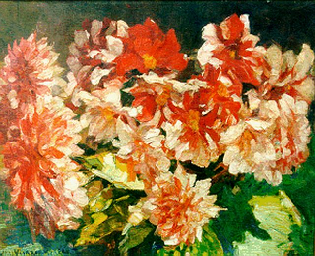 Willem Vaarzon Morel | Bloemstilleven van dahlia's, olieverf op doek, 54,5 x 68,5 cm, gesigneerd l.o.