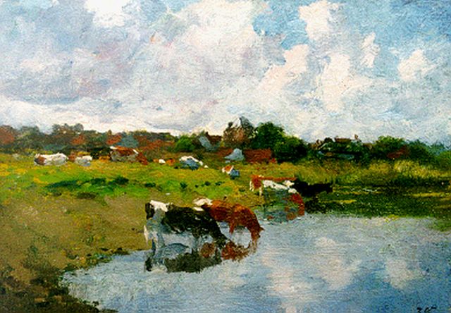 Jan Voerman sr. | Drinkende koeien, olieverf op paneel, 17,7 x 25,3 cm, gesigneerd r.o. ini