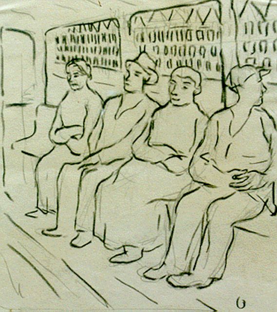 Wim Oepts | Figuren op een veerboot, potlood en krijt op papier, 23,0 x 21,0 cm, gesigneerd r.o. met 'O'