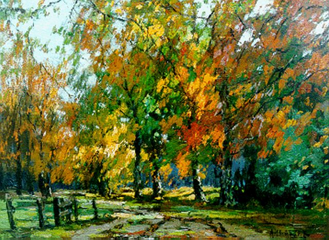 Arnold Gorter | Bosgezicht in de herfst, olieverf op doek, 26,7 x 36,1 cm, gesigneerd r.o.