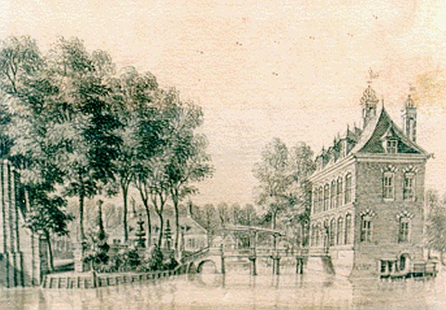 Jan de Beijer | 't Huys de Vliet, van agteren te sien', aquarel op papier, 6,9 x 9,9 cm, gesigneerd achterzijde
