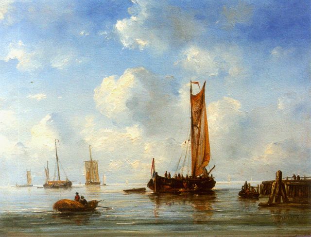 Pleijsier A.  | Vissersschepen bij een havenhoofd bij kalme zee, olieverf op paneel 31,4 x 41,2 cm, gesigneerd r.o.