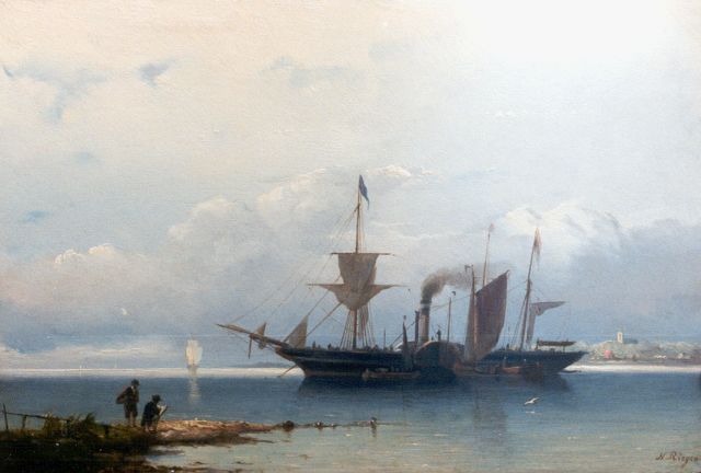 Nicolaas Riegen | Havenmonding met raderboot, en kunstenaar aan de oever, olieverf op paneel, 19,8 x 29,5 cm, gesigneerd r.o.