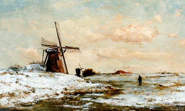 Constan Gabriel | Winterlandschap met wandelaar, olieverf op paneel, 34,2 x 56,4 cm, gesigneerd r.o. en te dateren ca. 1886