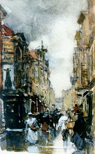 Floris Arntzenius | De Spuistraat in Den Haag, krijt, aquarel en gouache op papier, 13,8 x 8,7 cm, gesigneerd l.o.