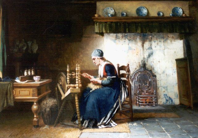 Sipke Kool | Boereninterieur met vrouw bij een spinnewiel, olieverf op doek, 58,8 x 82,4 cm, gesigneerd l.o.