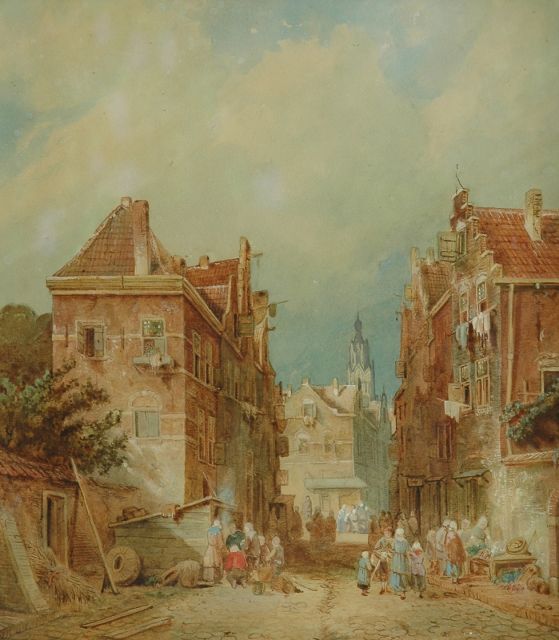 Charles Leickert | Stadsgezicht met figuren  (toegeschreven aan), aquarel op papier, 35,6 x 31,1 cm, gesigneerd r.o. vaag
