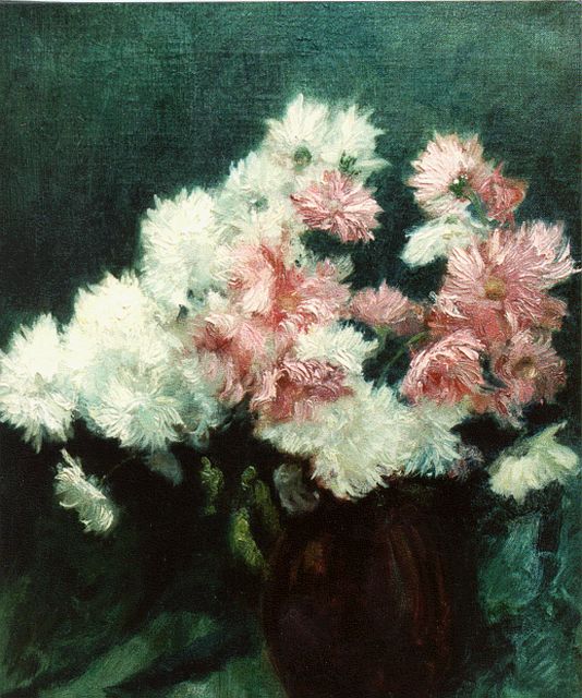Chris van der Windt (toegeschreven aan) | Witte en roze bloemen in een vaas, olieverf op doek, 54,2 x 41,4 cm