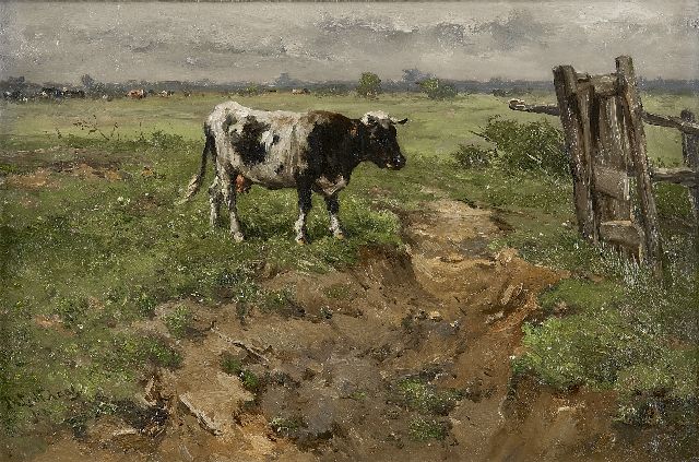 Jan de Haas | Koe bij een hek, olieverf op paneel, 31,2 x 47,1 cm, gesigneerd l.o.