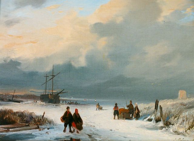 Pelgrom J.  | IJsgezicht met vastgelopen schip, olieverf op paneel 14,6 x 19,5 cm, gesigneerd r.o.