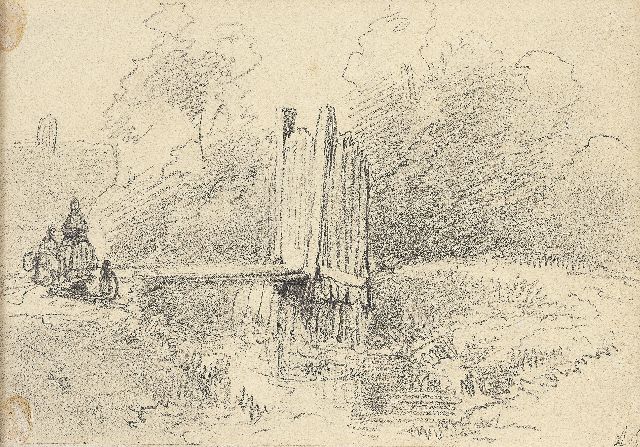 Andreas Schelfhout | Figuren bij een sloot, potlood en krijt op papier, 11,3 x 16,2 cm, gesigneerd initialen en geschonken aan de Kunsthal