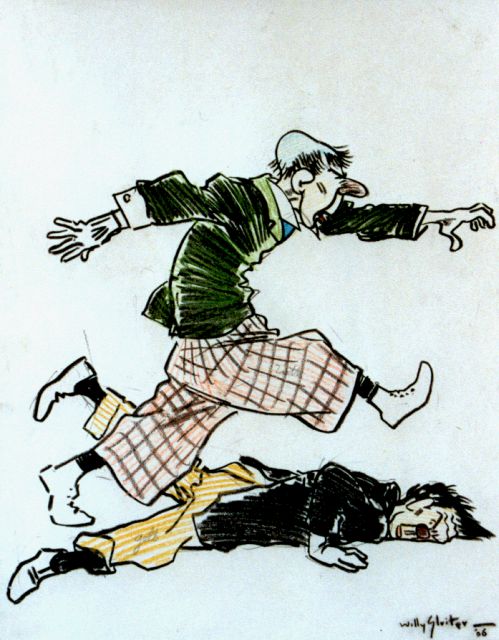 Willy Sluiter | Rennende en liggende clown, krijt op papier, 23,0 x 18,0 cm, gesigneerd r.o. en gedateerd '06