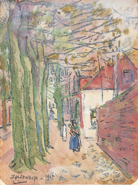 Jan Toorop | De Noordstraat te Domburg, zwart krijt en aquarel op papier, 15,8 x 11,3 cm, gesigneerd l.o. en gedateerd 1916