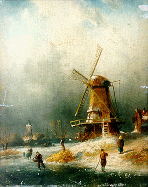 Charles Leickert | Schaatsers bij een molen, olieverf op paneel, 21,2 x 15,7 cm, gesigneerd r.o.