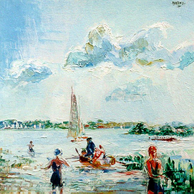 George Martens | Zwemmers en watersporters op het Paterswoldsemeer, olieverf op doek, 50,2 x 50,5 cm, gesigneerd r.b. en gedateerd '30