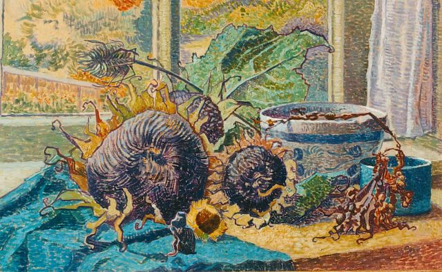 Edith Pijpers | Gedroogde zonnebloemen op de vensterbank, olieverf op papier, 36,0 x 58,5 cm, gesigneerd r.o.